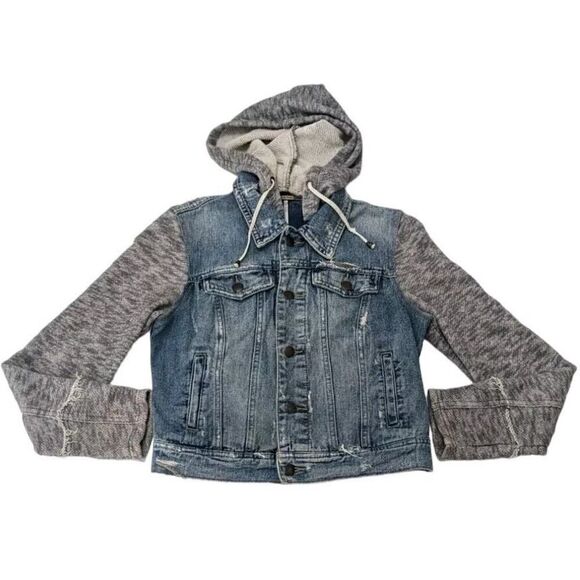 Free People Distressed Denim Jean Jacket Knit Sleeves Removable Hood Small - Picture 1 of 10